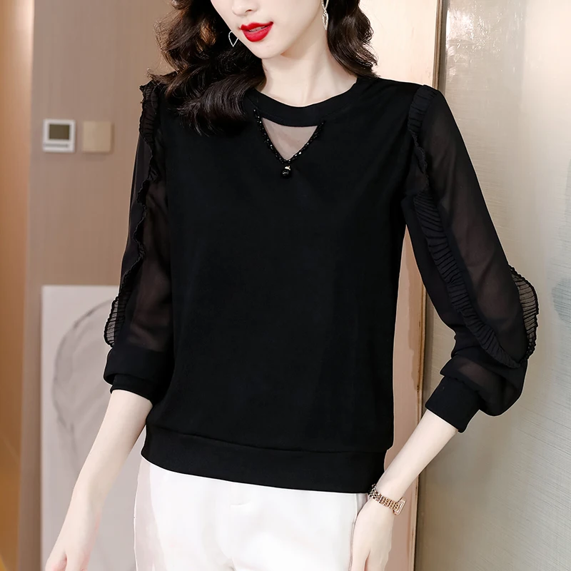 Spring Autumn New Style Korean Version Long Sleeve Lace Shirt Slimming Mesh Top Women's Fashionable Base Layer Belly Covering
