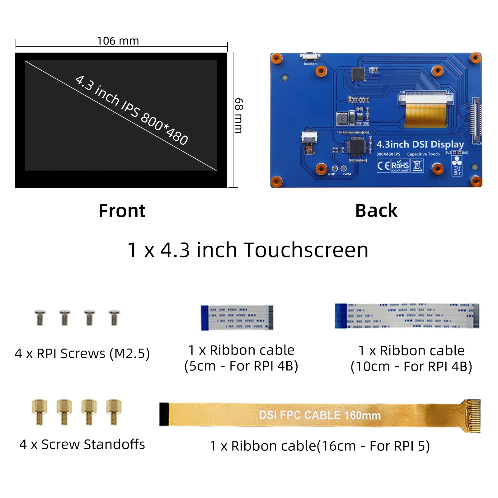 4.3 Inch RPi5 DSI Touch Screen LCD Display Portable Capacitive Touchscreen Monitor 800x480 for Raspberry Pi 5 4 3 3B+ 2