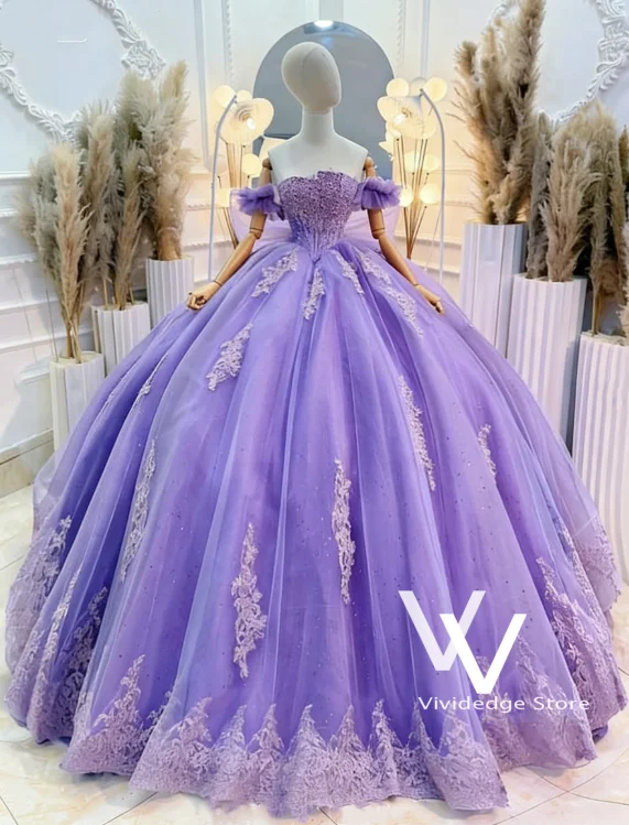 Vestido de Quinceañera Romántico Lila Morado con Hombros Descubiertos, Vestido de Fiesta con Apliques de Encaje, Vestido de Fiesta Brillante, Vestidos de 15 Personalizados