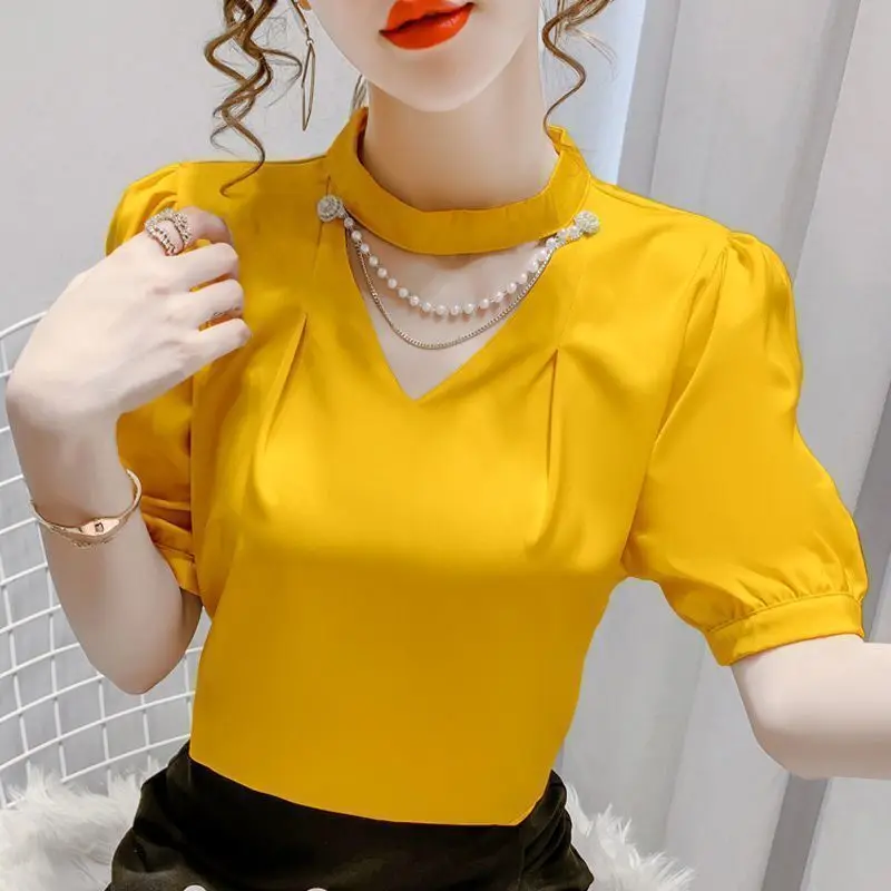 Fashion Spliced Beading Hollow Out Puff Sleeve T-Shirt Women\'s Clothing 2023 Summer New Oversized Casual Tops Sweet Tee Shirt