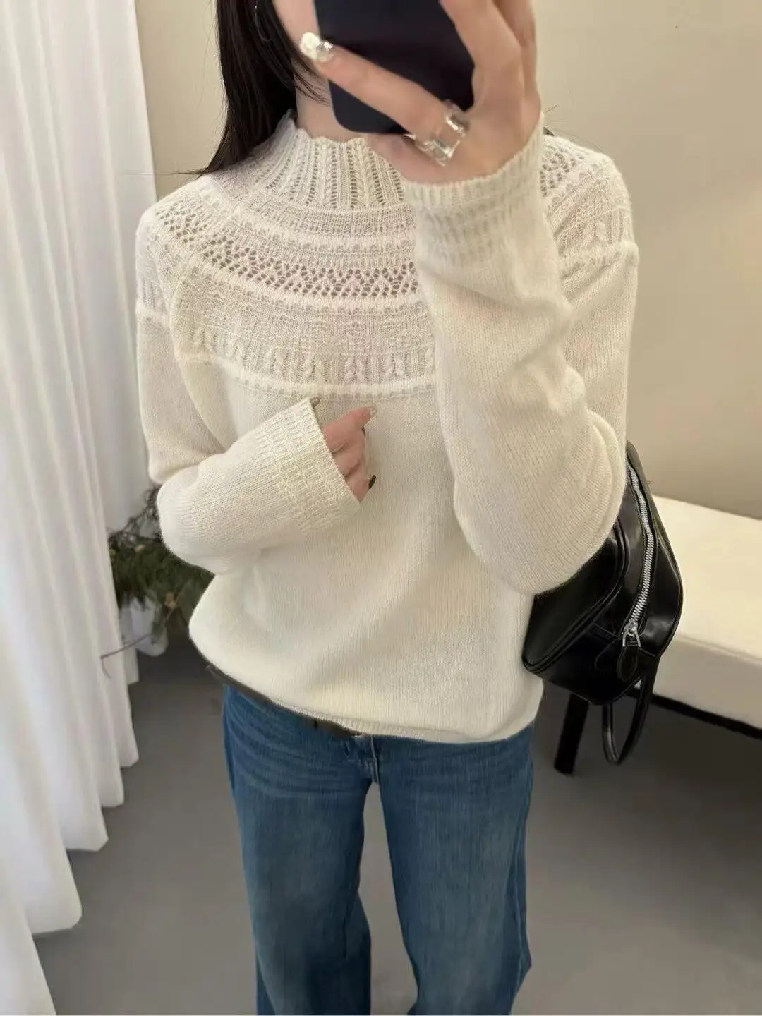 

Faionable Hollow out Knitwear Base irt Women's Spring New f High Collar Soft Lazy Sle Knitted Sweater Trendy Casual ...
