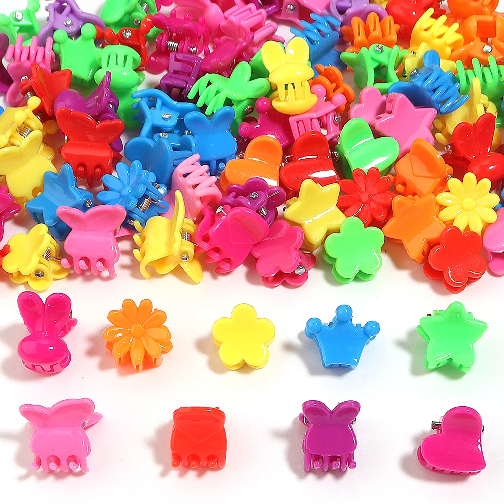 100Pcs Girls Cartoon Hair Clips Cute Small Claw Clips Flower Star Design Children's Fashion Hair Accessories Sweet Mini Hairpin