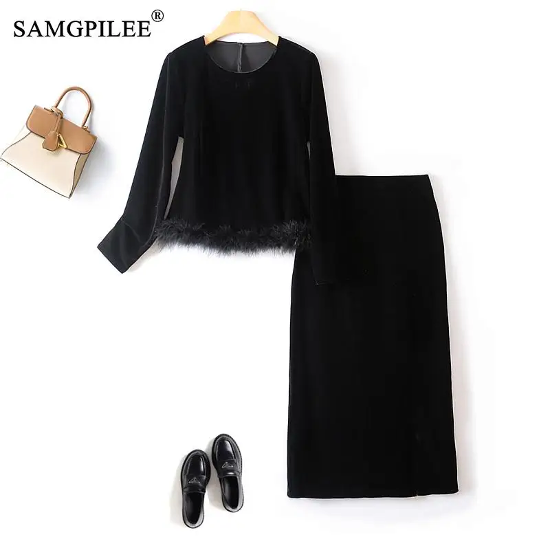 

Elegant Women's Sets 2023 Autumn Winter Tassel Fur Edge Splicing Velvet Drape O Neck Top And Skirt 2 Piece Sets Women Outfit 4XL