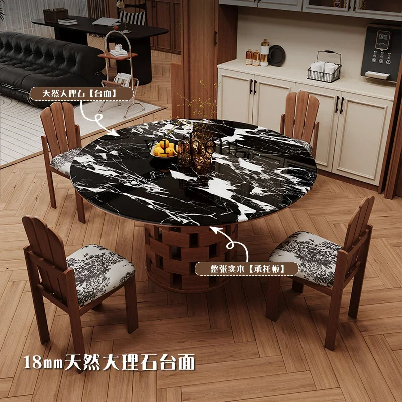 

ZC medieval black marble round table dining table solid wood retro luxury stone round dining table and chairs