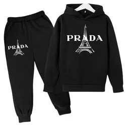 Children 3-12 Years Old Fall/Winter Clothing Eiffel Tower Hoodie Coat+Pants 2P Boys Girls Casual Jogging Sweatshirt Charming Set