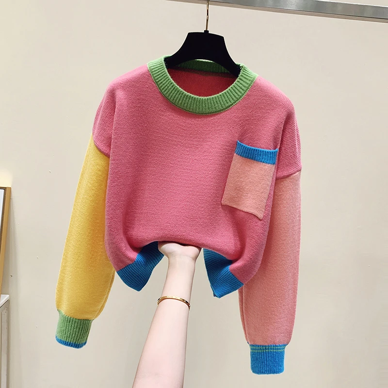 Casual Fashion Color-blocked Sweater Knitwear Women Sweet Loose Pullover Tops Long Sleeve Round Neck Chic Female Knitwear 2023