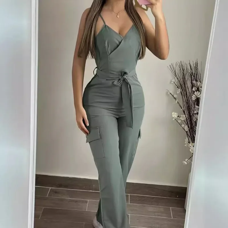 

2024 Spring Summer New Women's Clothing Solid Color V-neck Brace Tooling One-Piece Trousers