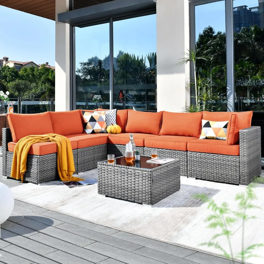 Outdoor 7 Piece Coversation Set with Coffee Table,Sectional Patio Furniture Set with All-Weather Wicker Sofaa,Modern Couch