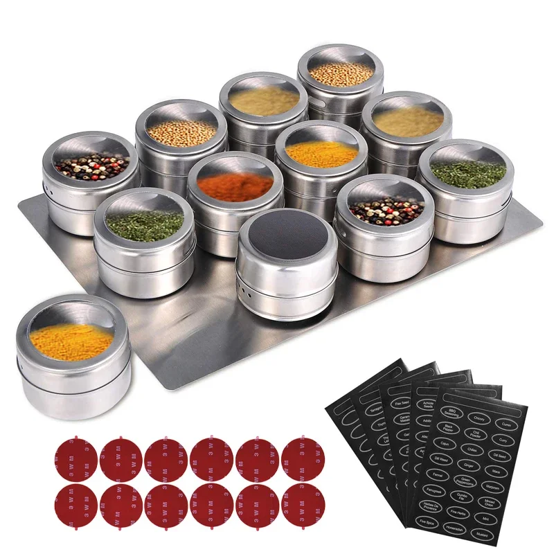 Magnetic Spice Jars With Wall Mounted Rack Stainless Steel Tins Seasoning Containers Label