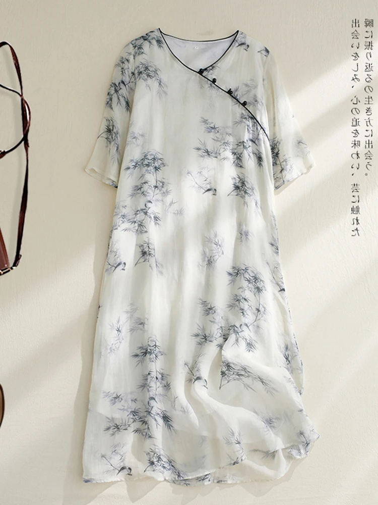 

High-End Cotton Linen Bamboo Le Print Qipao Dr Double Layer Loose Fit Women's Clothing Vintage Sle Button Detail