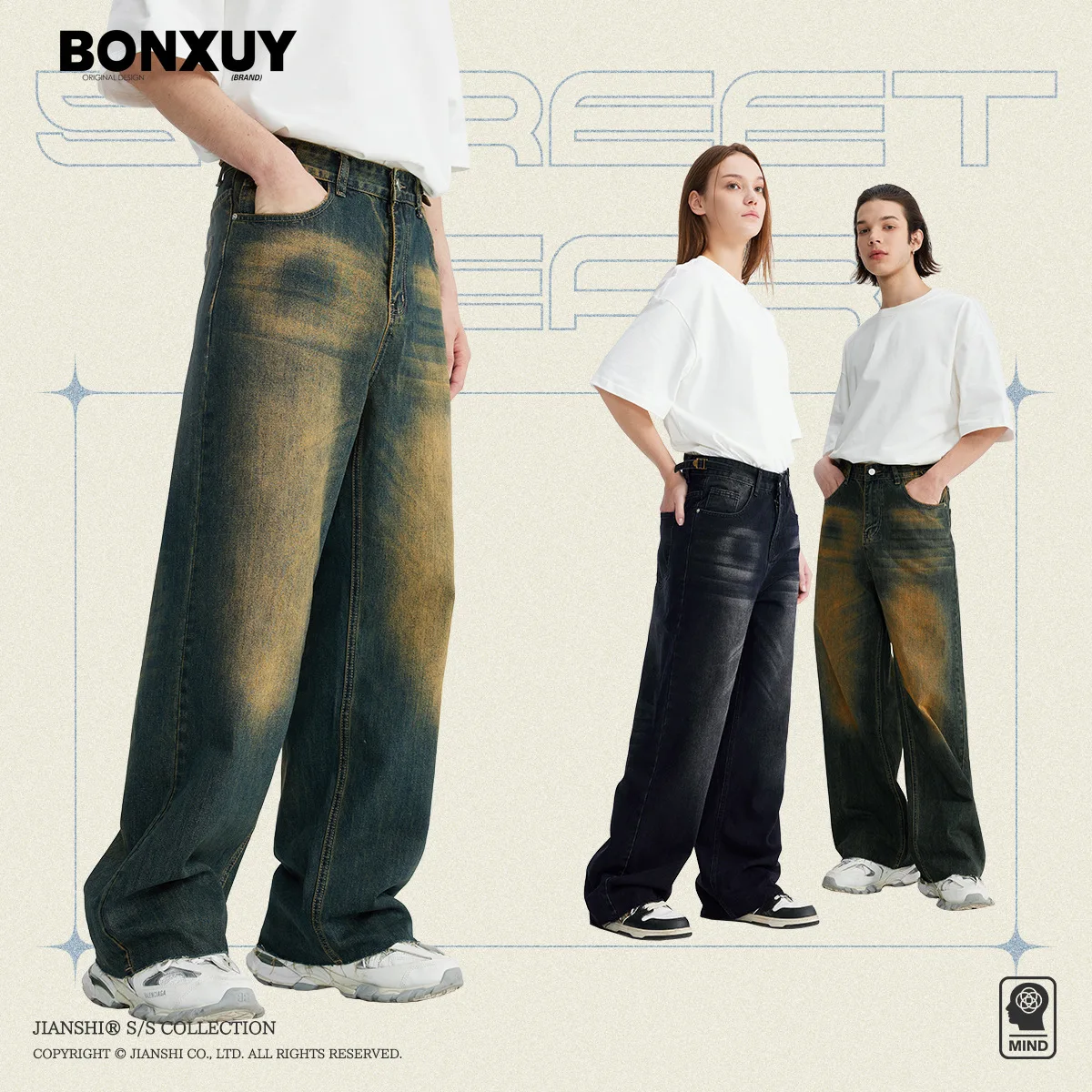 BONXUY New rust-colored waist adjustable baggy jeans for men Korean style retro casual straight wide-leg pants