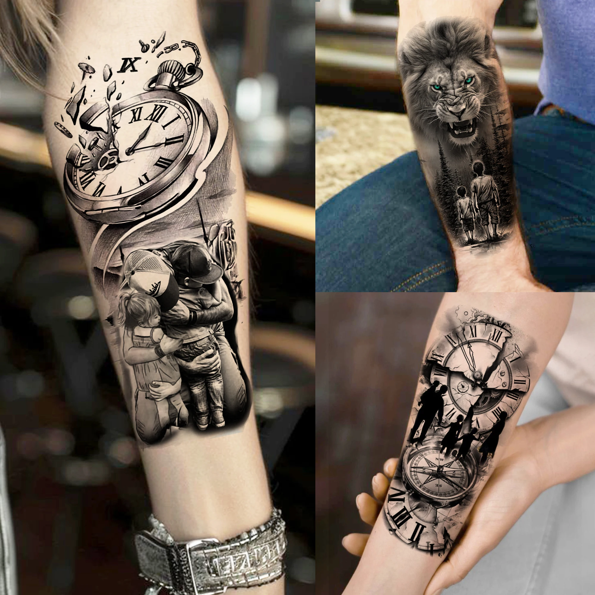 1 feuille étanche Style familial horloge tatouages temporaires pour hommes femmes réaliste Lion tigre faux tatouage autocollant bras jambe Tatoo bricolage