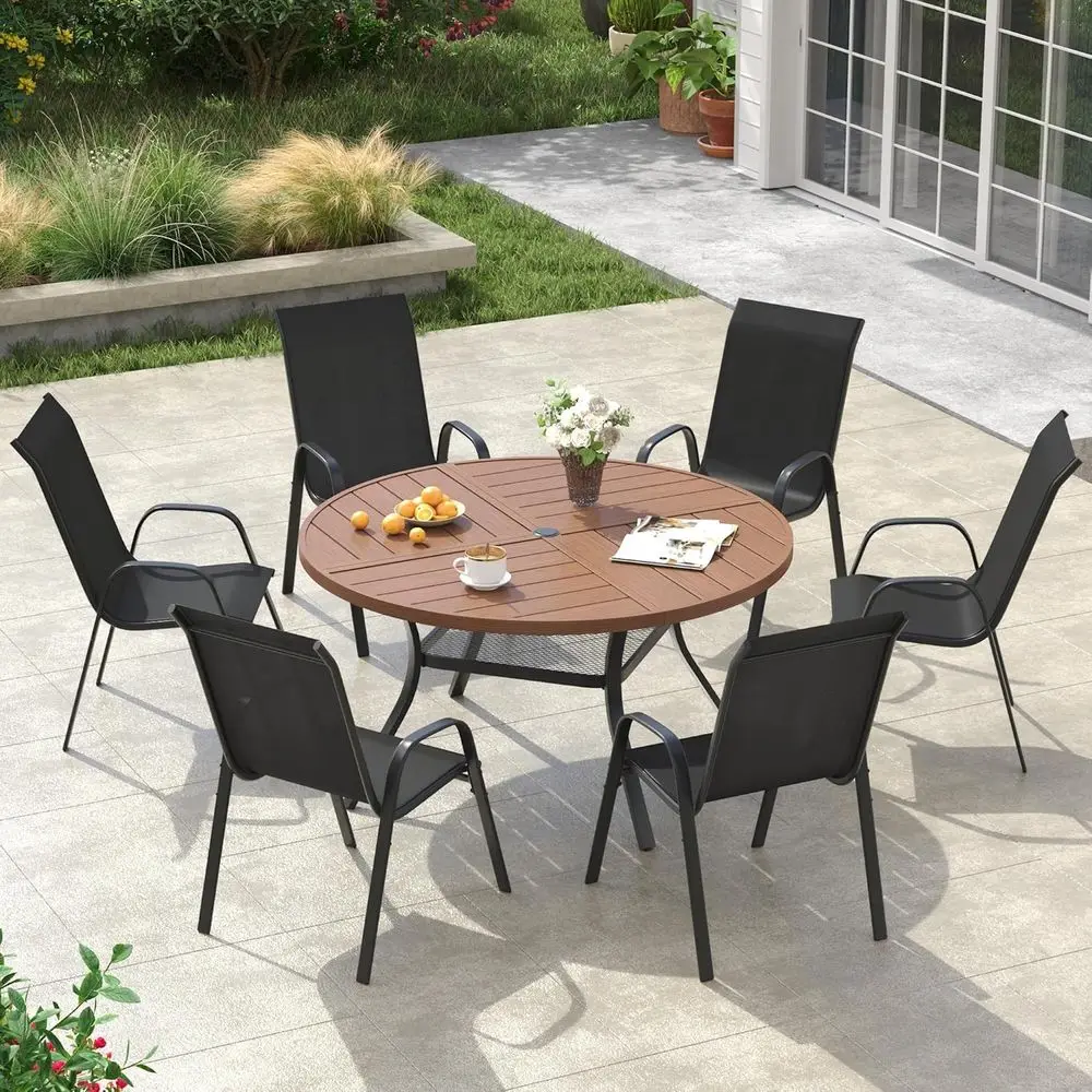 

6-Piece Outdoor Patio Dining Set with Metal Slatted Table, Umbrella Hole, Stackable Chairs, Black Fabric and Walnut Top