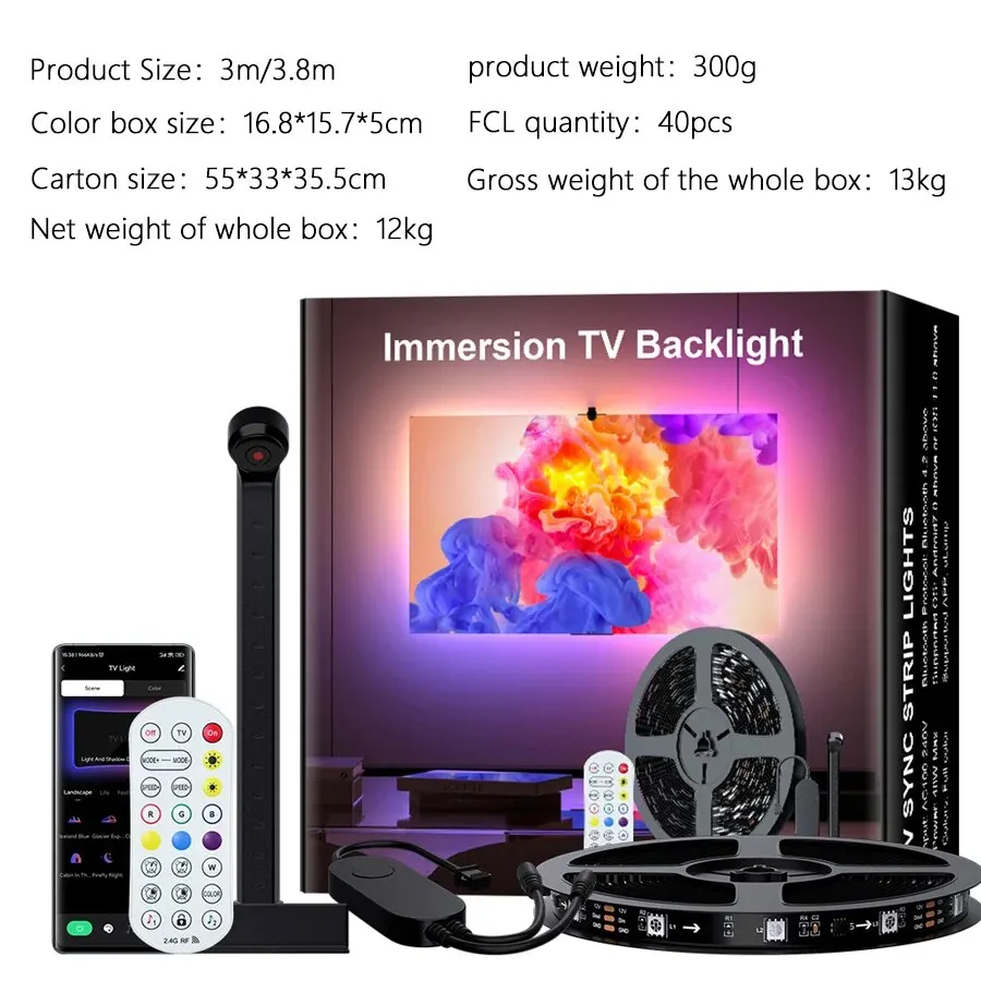 Ammtoo 3 Meter RF Remote Control+Bluetooth APPTV Synchronous Color Selection RGB Illusion TV Light With Pickup LED Light