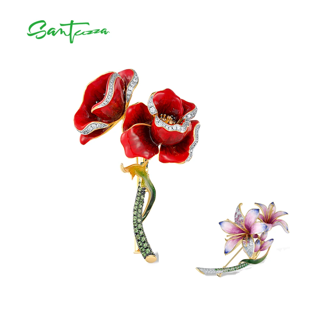 

SANTUZZA Pure 925 Sterling Silver Brooch for Women Sparkling Multi-Color Pink Lily Flower Rose Chic Enamel Gifts Fine Jewelry