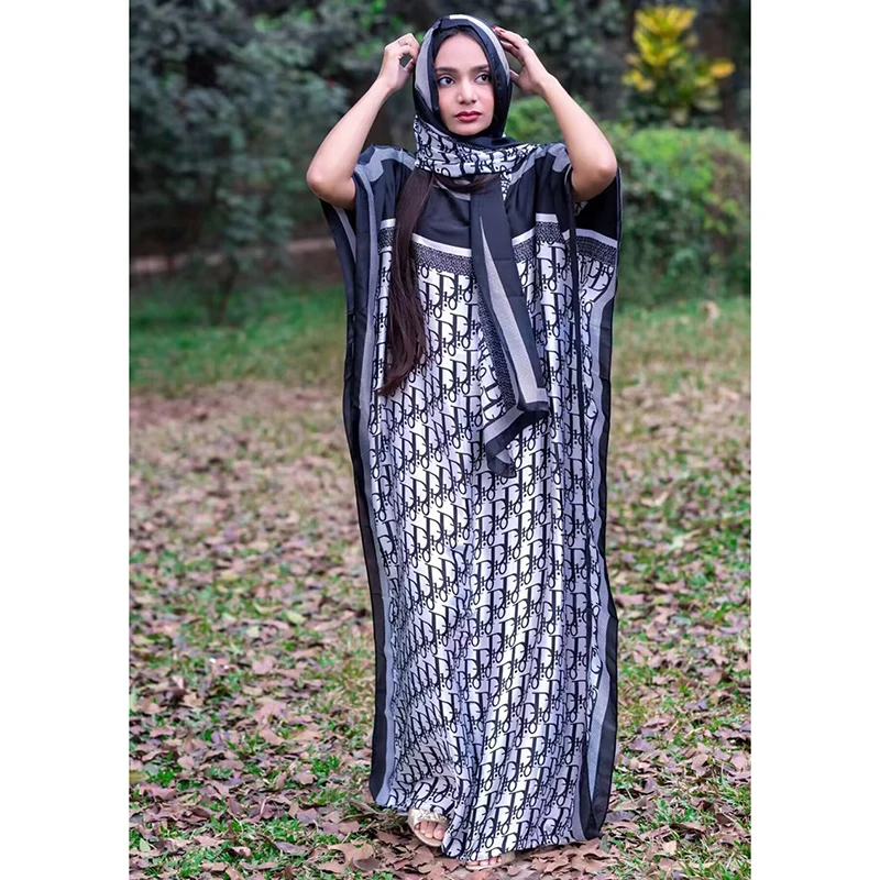 여성 아프리카 드레스 2 세트 Headscarf 기하학 인쇄 Kaftan 140cm 맥시 드레스 크루 넥 반팔 플러스 사이즈 의류