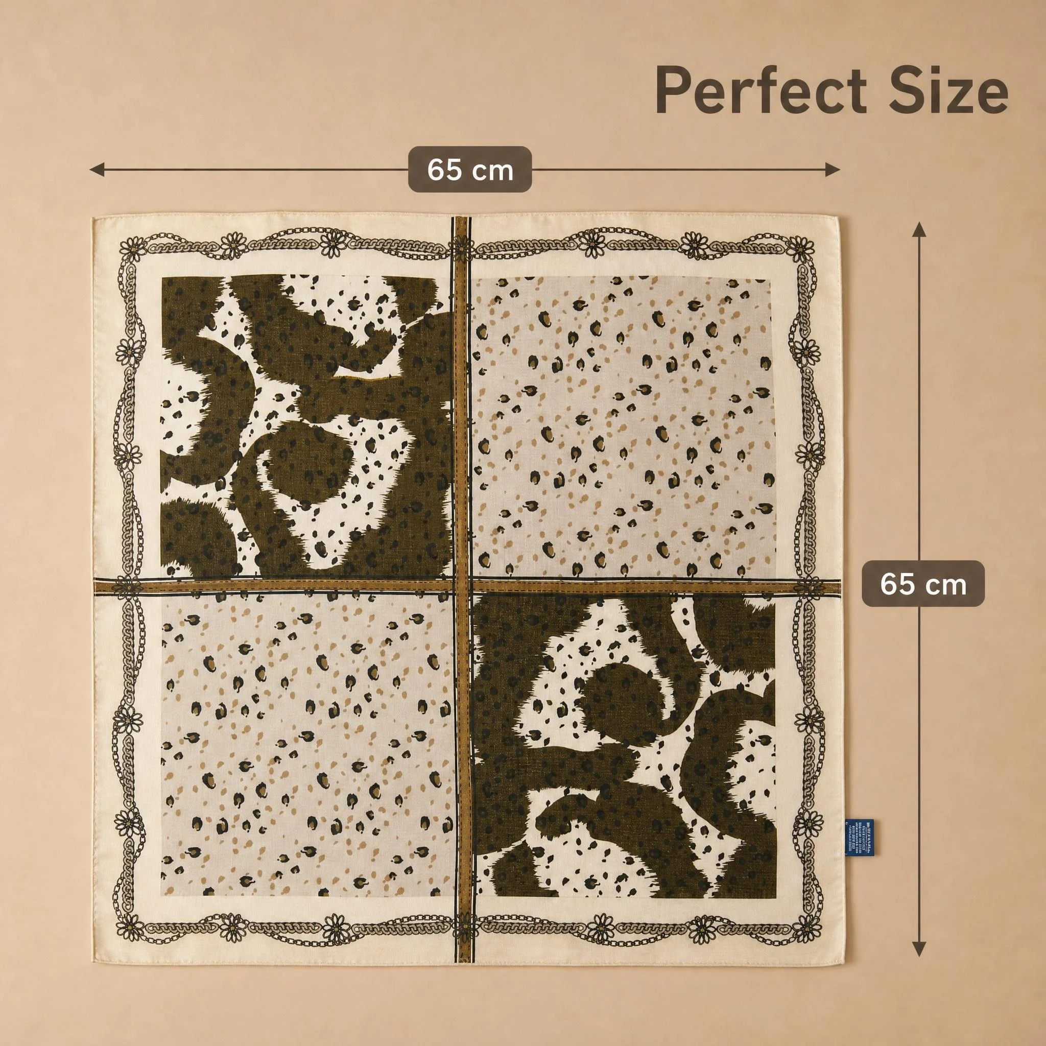 シルクウール製の正方形スカーフ、女性用、65x65cm、レトロなレオパード柄、カラーブロック、オリーブとクリーム色の配色、ヘッドスカーフ、ネックチーフ、バンダナ、柔らかく暖かい、ギフトに最適。