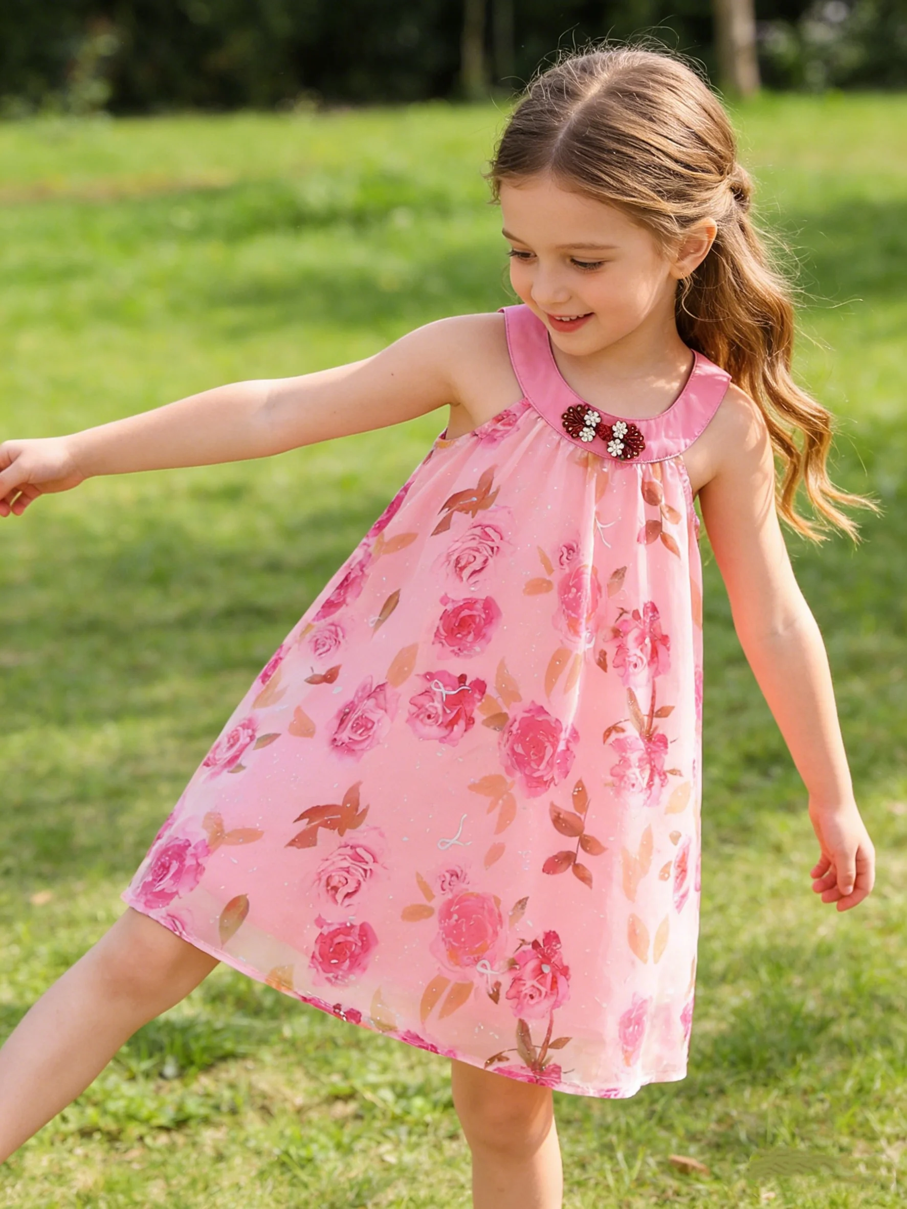 Girls Pink Rose Print Hanging Neck Princess Dress Children's Sequin Tulle Gown Elegant Party Wear for Kids