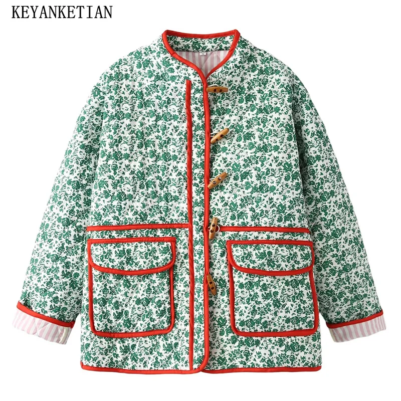 

KEYANKETIAN 2024 New Women's Horn button Decoration Flower Print Quilted Jacket Winter Pastoral style Loose Pockets Parkas Coat