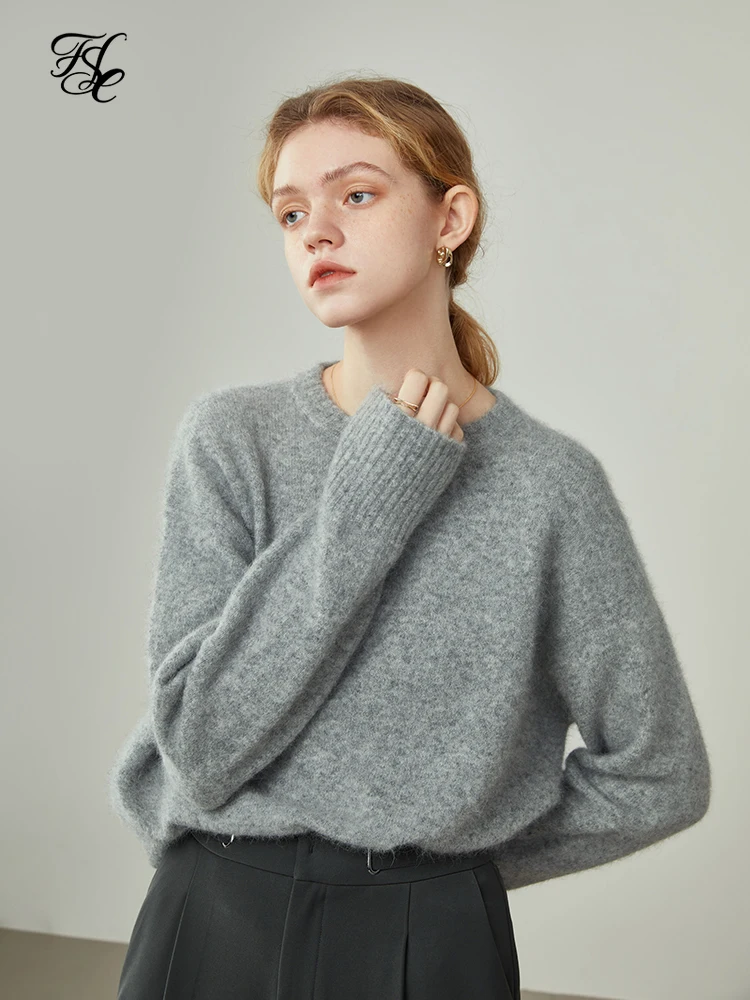 

FSLE Soft Waxy Sweater Women's Winter Loose Green Pullovers Gentle Round Neck Pullover Women Temperament Gray Sweater