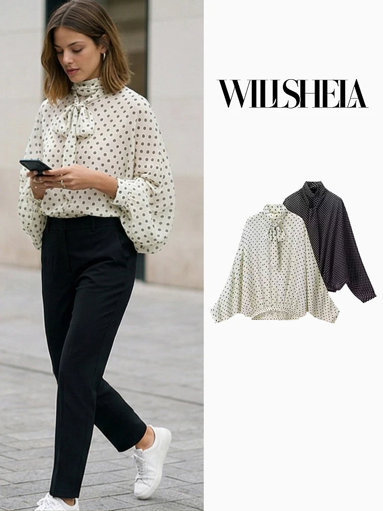 

Willshela Women Fashion Dot Bow Lace Up Pullover Blouse Vintage O-Neck Long Sleeves Female Chic Lady Shirts