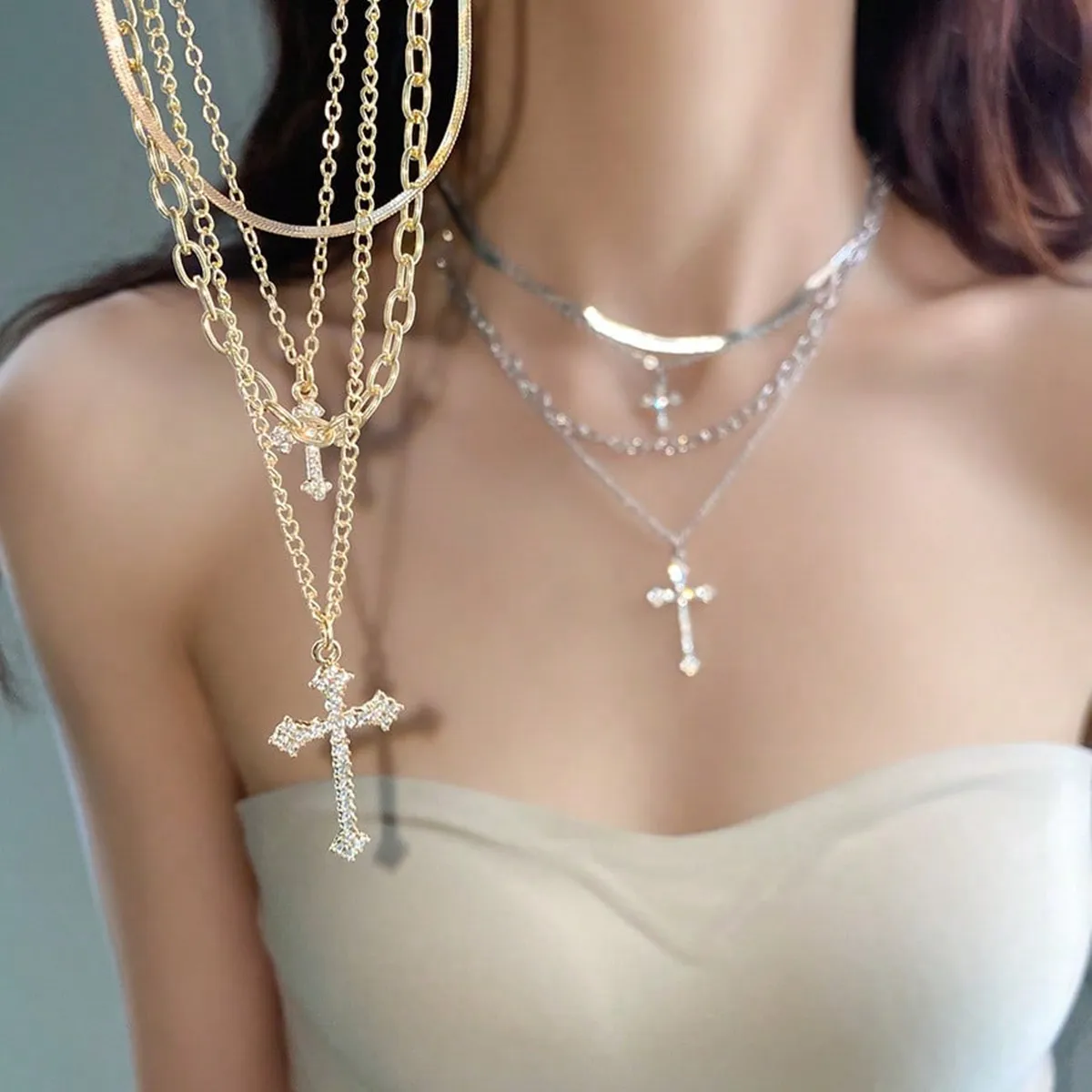 Women's Fashion 4-Layer Cross Pendant Necklace Zinc Alloy Chain Casual Style Jewelry for All Seasons Perfect Gift for Women