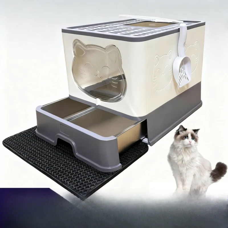 

PP Stainless Steel Cat Litter Box Large Fully Enclosed Foldable Drawer Type Easy Clean Deodorizing Cat Toilet