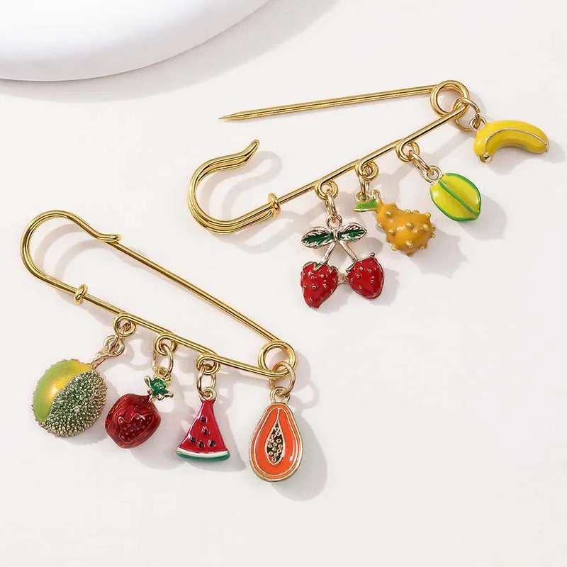 New Sweet Cherry Fruit Gold Brooch 3D Cherry Watermelon Strawberry Green Leaf Pendant DIY Pin Accessory Fixed Clothes Clip