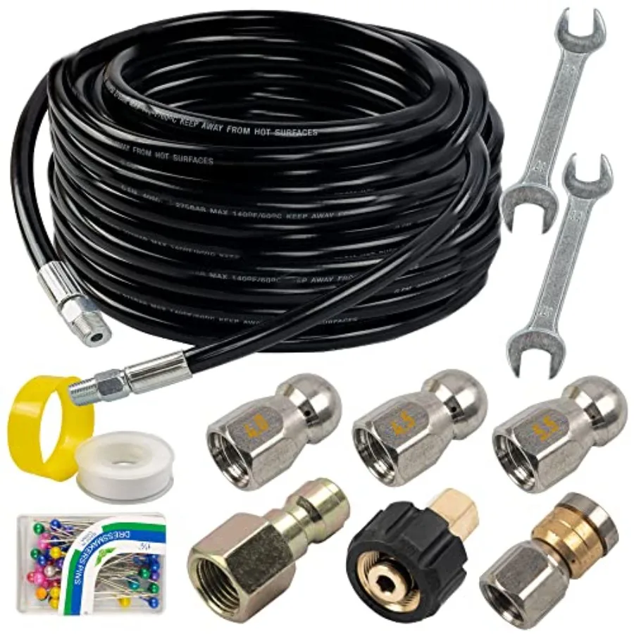 

for Pressure Washer 50Feet Drain Cleaner Hose 1/4 Inch NPT Orifice 4.0 Button Nose and Rotating Sewer Jetting Nozzle Spanner Ta