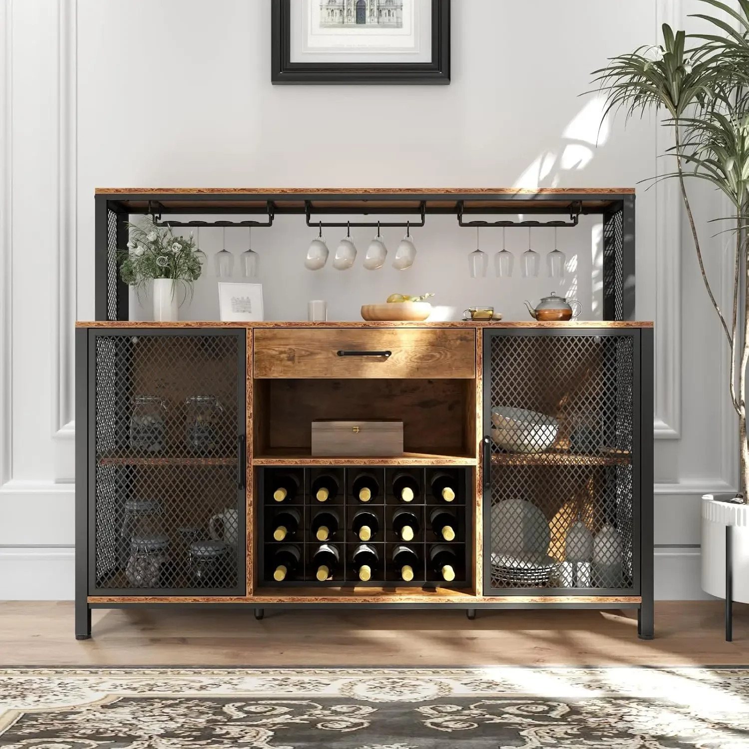 Weinbarschrank mit Schublade, LED 55 Zoll Industrie mit Weinregal und Glaskelchhalter