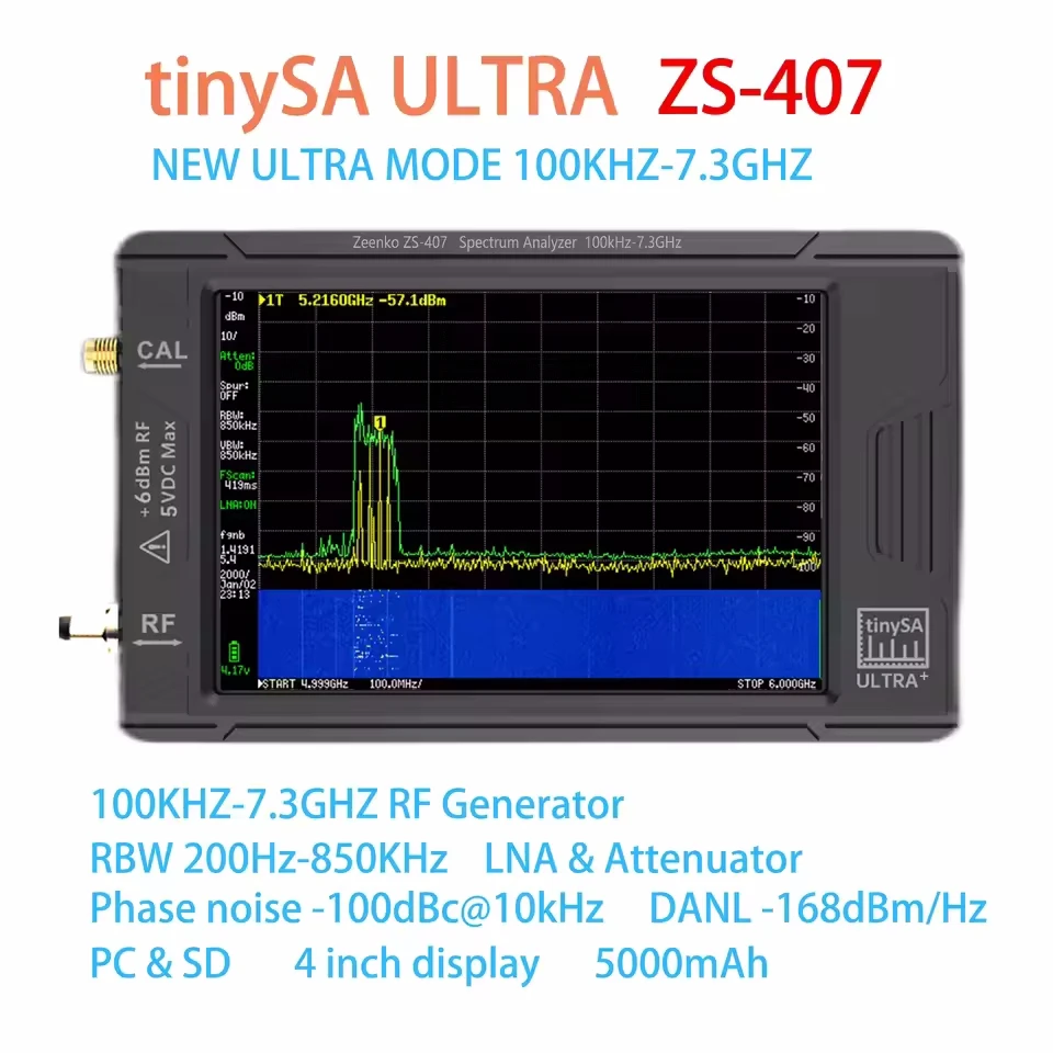 2025 nejnovější 7.3ghz tinysa uitra plus ZS407 kapesní drobný spektrum analyzátor tinysa 3.95 palec dotek obrazovka postavit v baterie