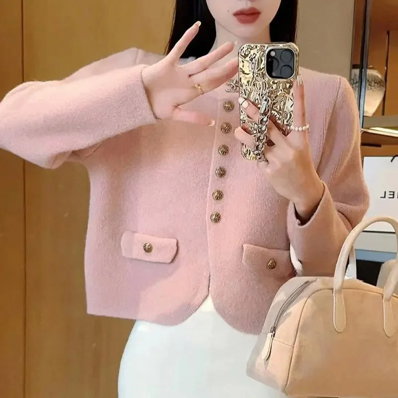 

Xiaoxiangfeng Coat Women's Spring Autumn New Round Neck Jacket Fashion Elegant Knitwear Cardigan Female Loose Sweater Korean Top