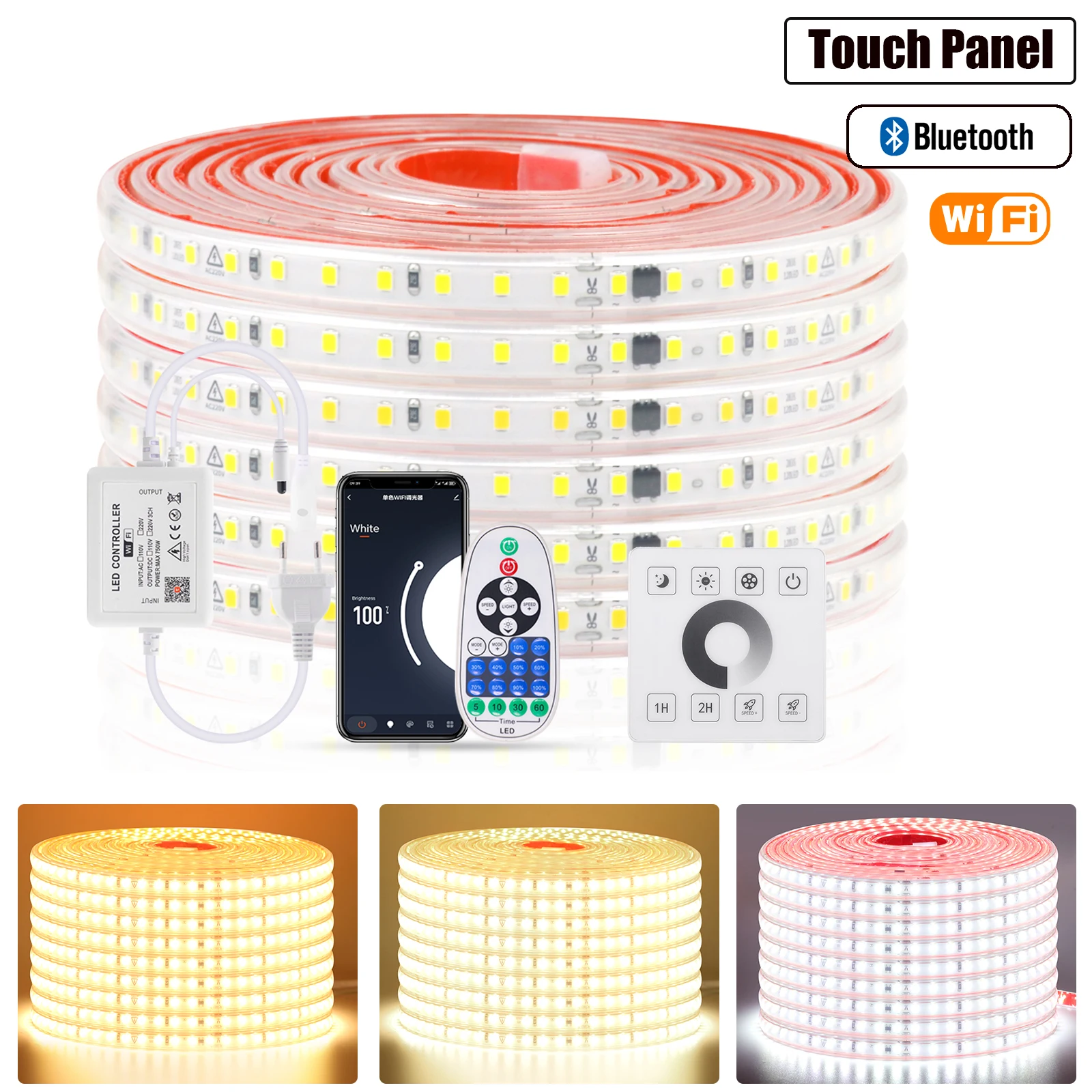 WIFI/Bluetooth/Touch Dimmerable 220V LED Strip Waterproof 10CM Cut Self Adhesive Garden Home Decor Flexible Ribbon Tape Light