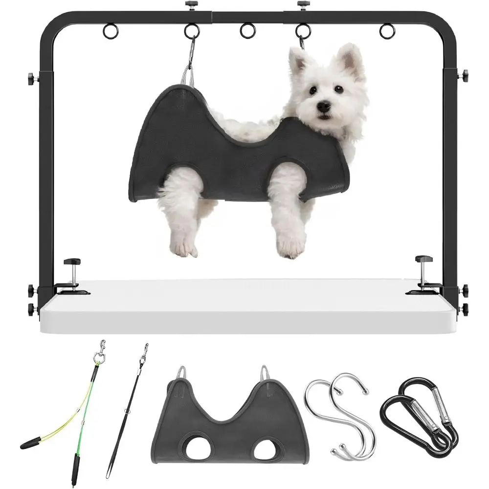 

Portable Pet Grooming Station: Adjustable Arm/Table, 42 Height, 27-39 Width, Clamps Up to 2.76, with Hammock & 2 Nooses for Cats