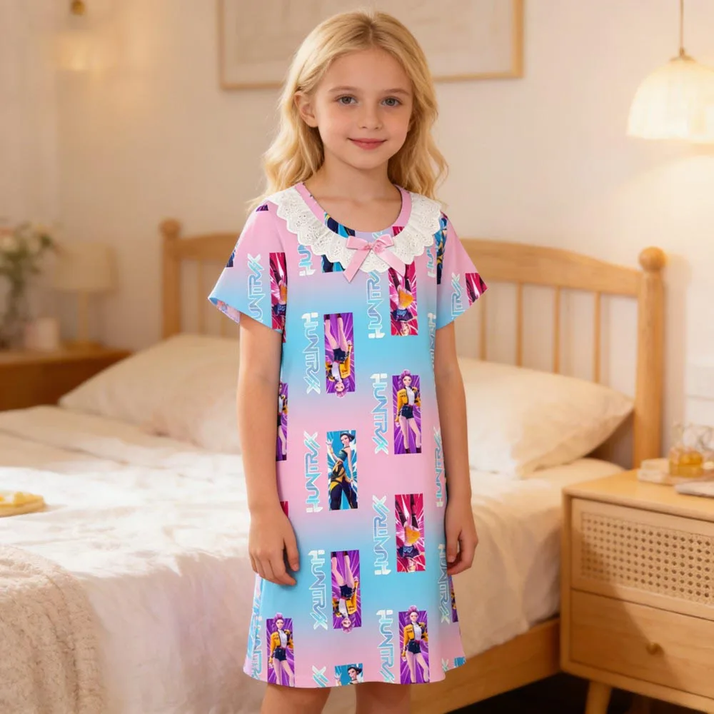 New Summer Girls Nightgowns Cute Cartoon Kids Nightdress Kids Short Sleeve Nightwear Teen Toddler Soft Pajamas Casaual Homewear