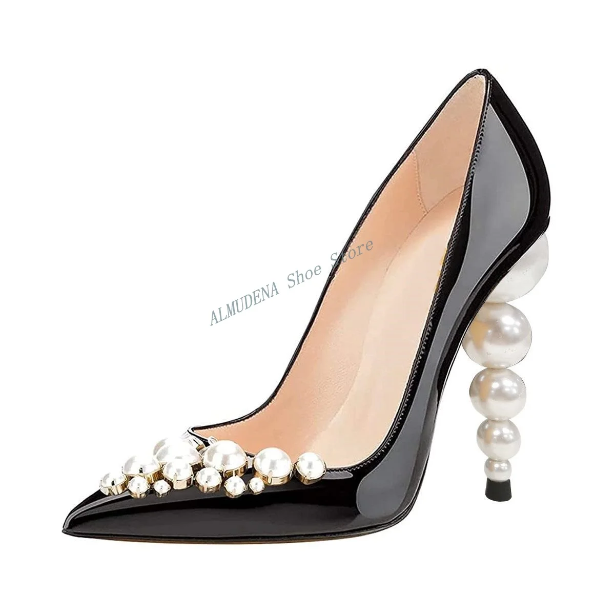 

Black Patent Leather Pumps Pointed Toe Decorative Heel Pearl 2024 New Arrivals Sexy Fashion 2024 Shallow Slip On Shoes