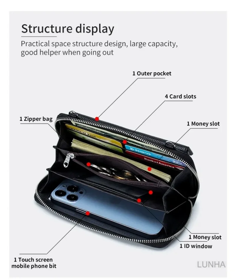 Damen Karten halter Mini Umhängetasche Touchscreen Echt leder transparent Messenger Brieftasche Schulter Geldbörse Cross Body klein