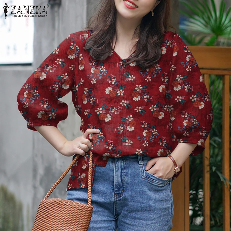 

ZANZEA Plus Size Floral Print Cotton Blouses Women 3/4 Sleeve V-Neck High-Low Top Spring Summer Daily Casual Blusas de Mujer 5XL