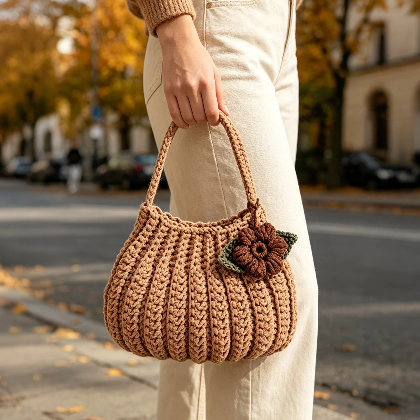 DIY Crochet Pumpkin-Shaped Handbag Material Kit, Maillard Retro-Style Floral Decoration Yarn Woven Women's Bag, Versatile Autumn/Winter Commuter Tote Bag, Beginner's Full Set of Tools with Tutorial, Handmade DIY Bag, Creative Holiday Gift for Girls and Best Friends for Halloween, Thanksgiving, Christmas