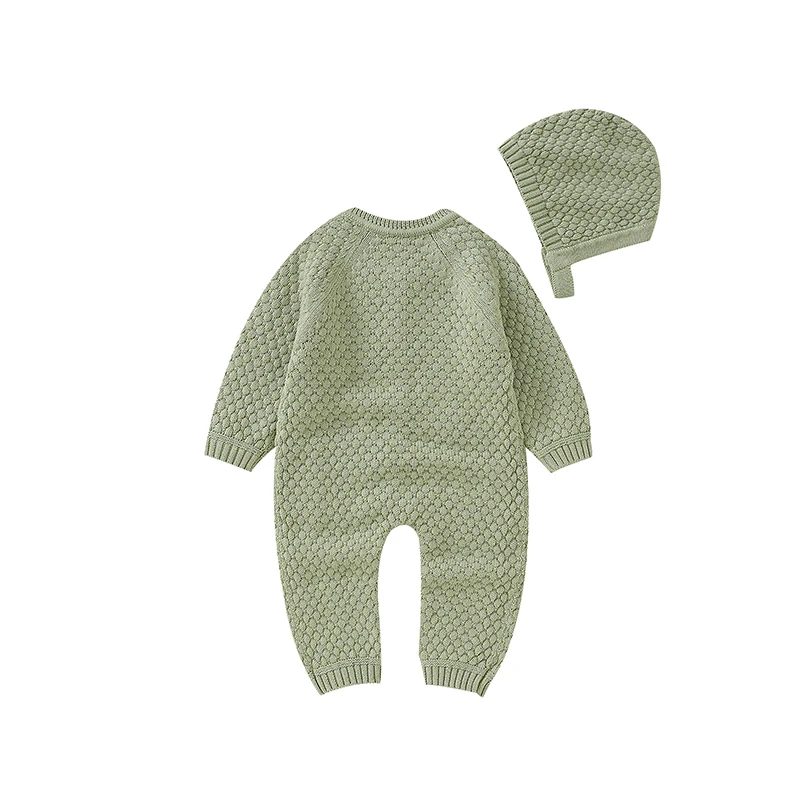 Baby Boys Girls Rompers Clothes Spring Autumn Green Long Sleeve Knitted Newborn Infant Jumpsuits Hats Outfits 0-18m Toddler Wear