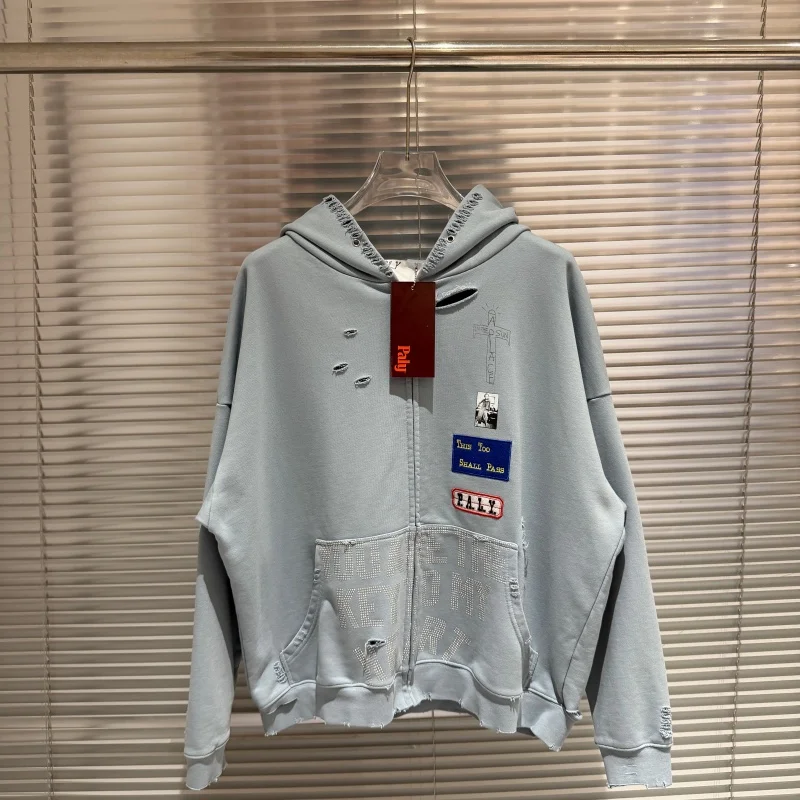 

Sky-blue Unisex Zipper Hoodie Paly Distressed Open-front Sweatshirt with Hot-fix Prints