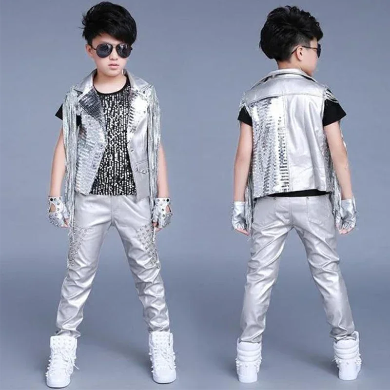 Jazz Costumes Children Silver Sequined Tassel Coat Boys Rock Drum Show Set Hip Hop Stage Outfit Street Dancewear Kids DNV11852