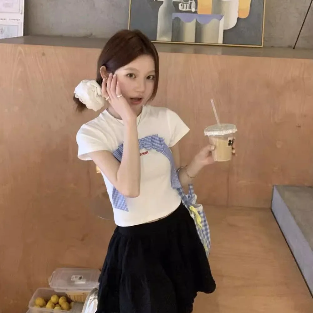 Woman Clothing Sweet White O-Neck Bow Short Sleeve T-Shirts Summer Women New Design Letter Print Crop Top Female Cute Slim Tees