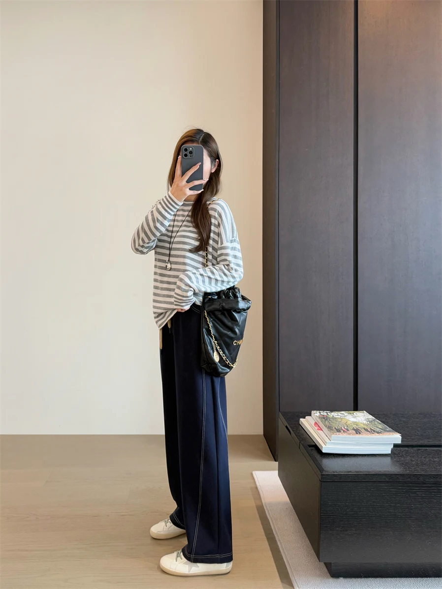 بنطلون جينز أزرق مستقيم الساق للنساء، مقاس كبير جديد، تصميم نحيف على شكل كمثرى، سروال واسع الساق بخصر عالٍ وطويل