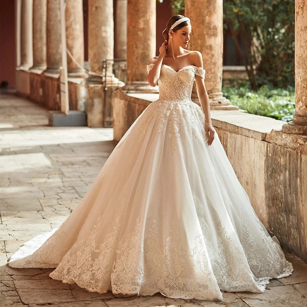 

Sexy Off Shoulder Vestidos De Novia Customized V Neck Sparkling Lace Up Back Wedding Dresses Appliques Vestido De Noiva