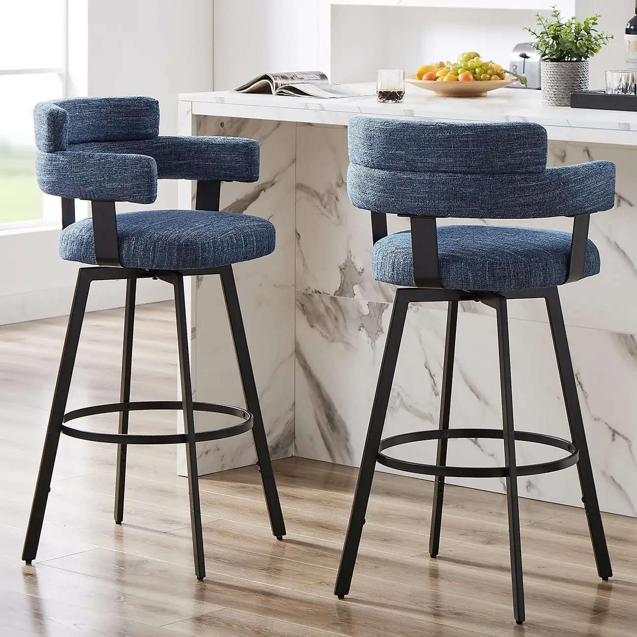 

30 Inch Bar Stools Set of 2 with Full Back, Swivel Bar Chairs with Linen Padded Back, Metal Footrest, Modern Bar Height Stools f