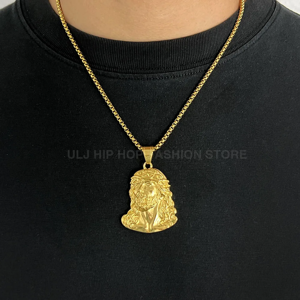 ULJ كلاسيكي جودة عالية الفولاذ المقاوم للصدأ يسوع رئيس قلادة الذهب فضي اللون المرأة رجل سلسلة قلادة الصليب مجوهرات مقاومة للماء