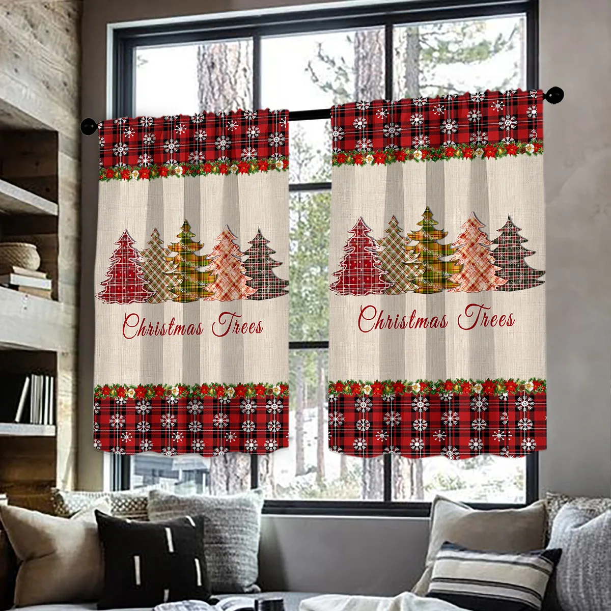 VIKAMA Christmas Valance Curtain Waterproof Oil Proof Short Window Tier for Kitchen Cabinet Bathroom Decor