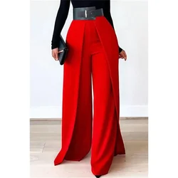 Plus Size Formal Pants Elegant Red Long Fall Winter Hight Waist Straight Soft Silk Wide Leg Pants