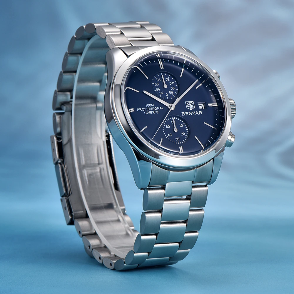 BENYAR-reloj analógico de acero inoxidable para hombre, accesorio de pulsera de cuarzo resistente al agua con cronógrafo, complemento masculino
